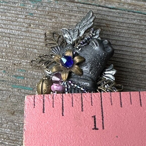 Cara Stimmel Ltd Brooch Frog Ladybug Beads Floral Silver Tone Signed 2.75" VTG - Picture 6 of 7